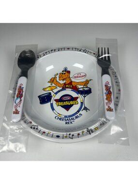 Kraft Macaroni & Cheese Cheesasaurus Rex Melamine Bowl & Spoon fork Set 1987